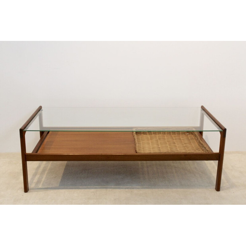 Vintage Dutch coffee table in teak with wicker inlay