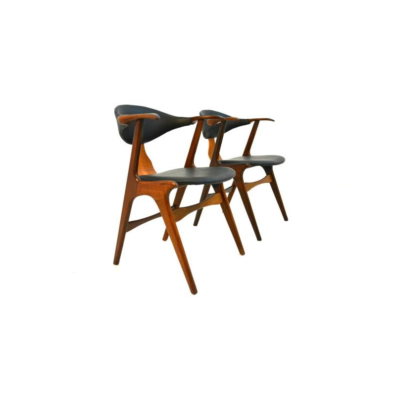 Pair of "Cow Horn" chairs in black leatherette and teak, Louis VAN TEEFFELEN - 1950s