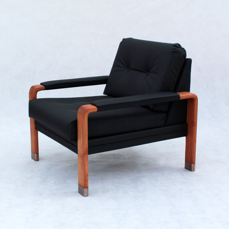 Vintage danish armchair in teak and black leather 1960