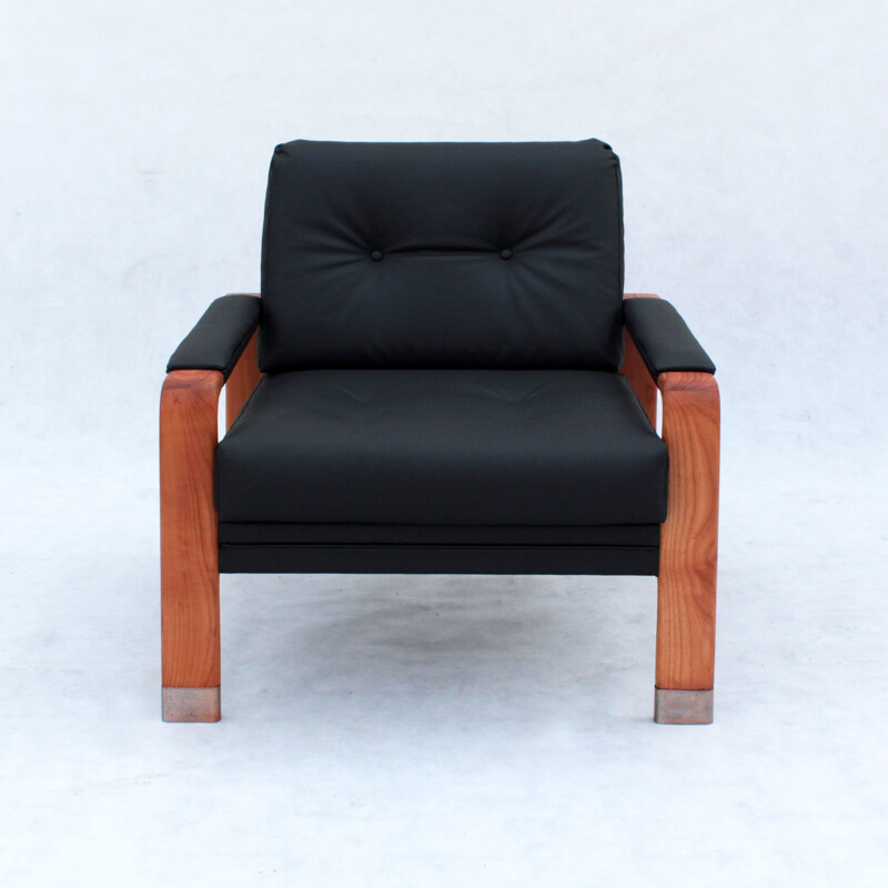Vintage danish armchair in teak and black leather 1960