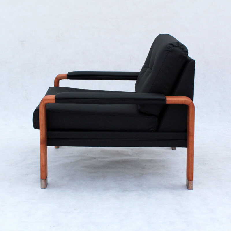 Vintage danish armchair in teak and black leather 1960