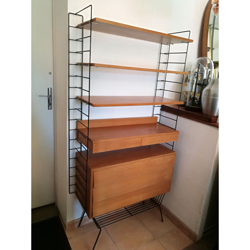 French vintage Alcora storage in oak and metal 1960 Alcora