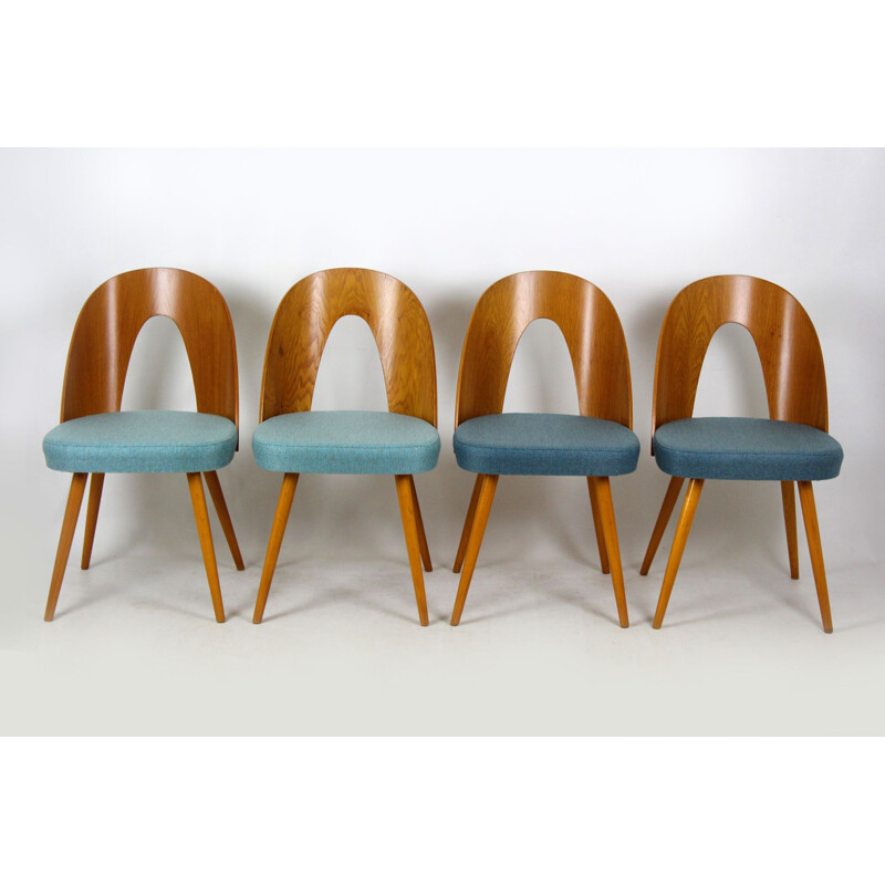 Set of 4 vintage chairs for Tatra in wood and blue fabric 1960