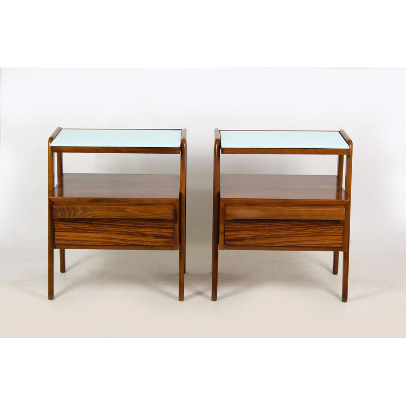 Set of 2 vintage nightstands by Jitona with blue glass tops 1960