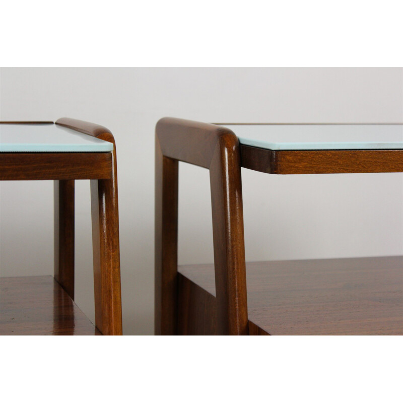 Set of 2 vintage nightstands by Jitona with blue glass tops 1960