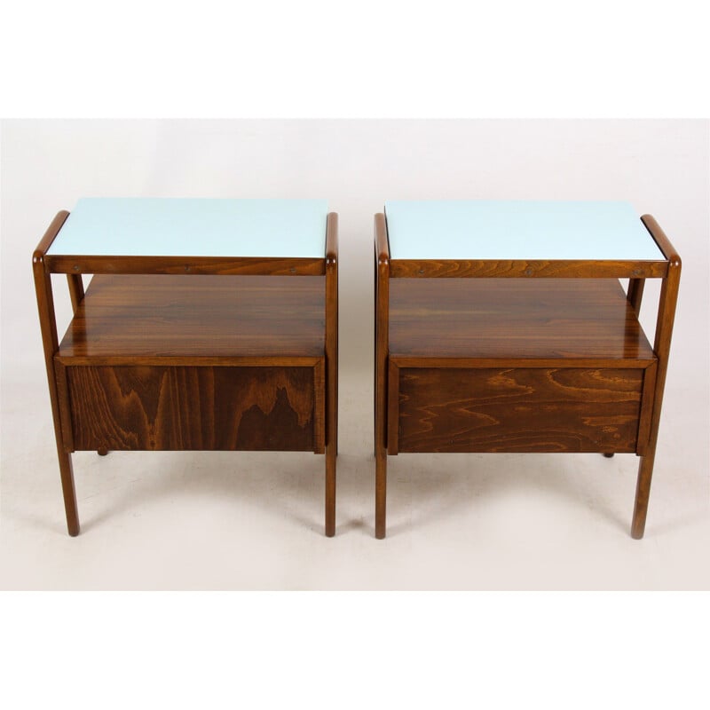 Set of 2 vintage nightstands by Jitona with blue glass tops 1960