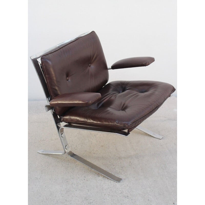 Vintage Joker armchair by Olivier Mourgue for Airborne in brown leather