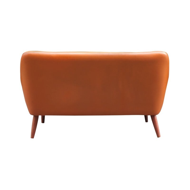 2-seater sofa in cognac leather and teak - 1950s