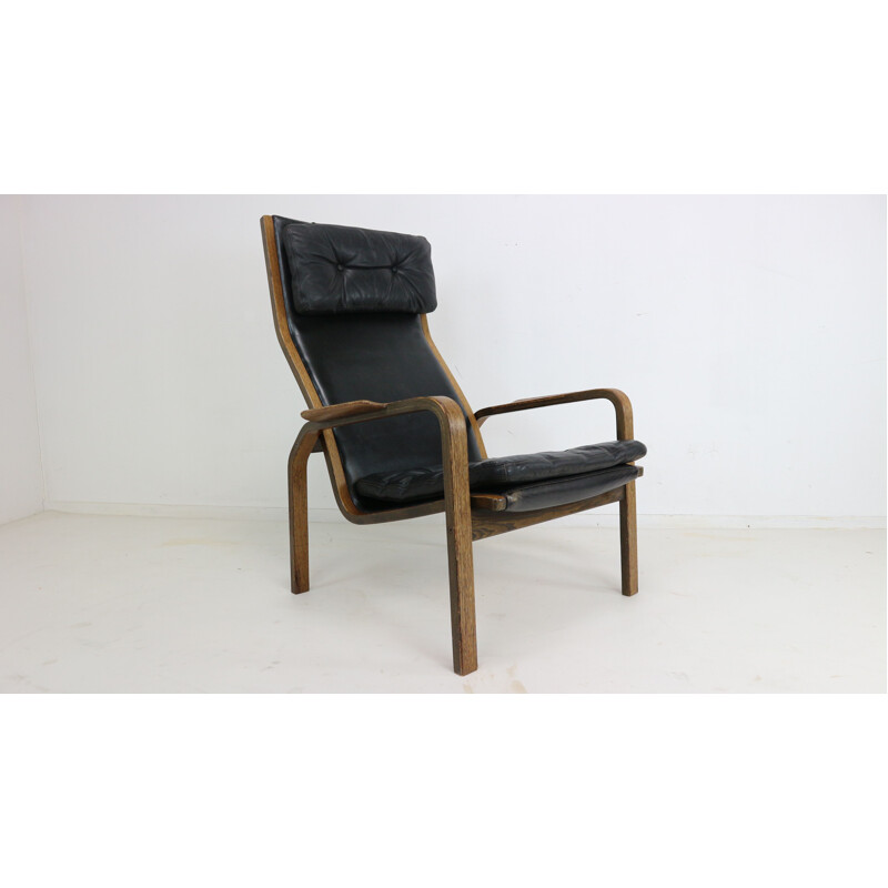 Pair of vintage scandinavian armchairs for Yngve Ekström in black leather 1960