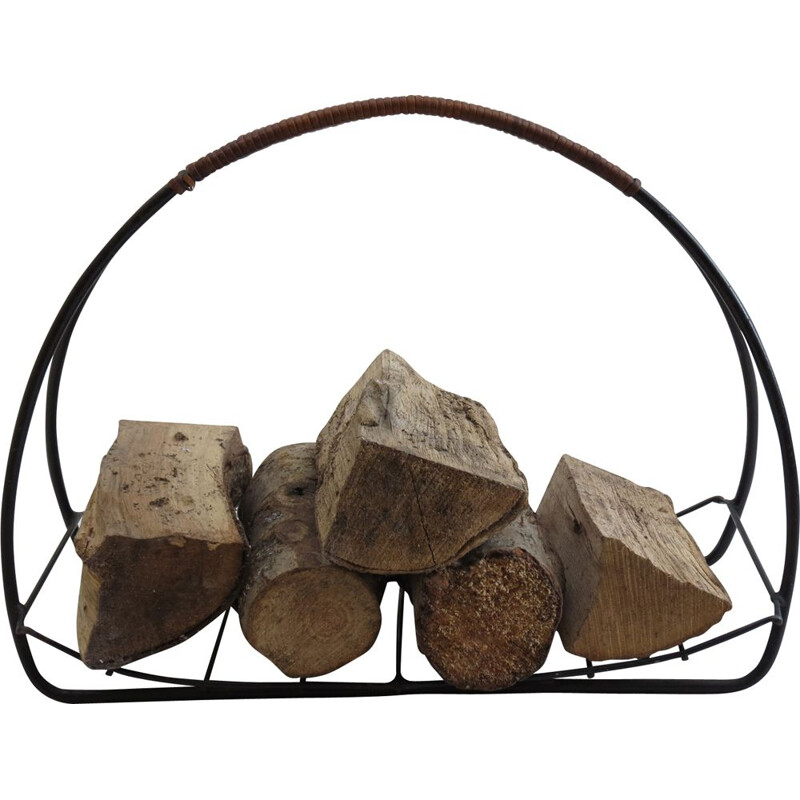 Vintage Scandinavian log basket in metal and cane
