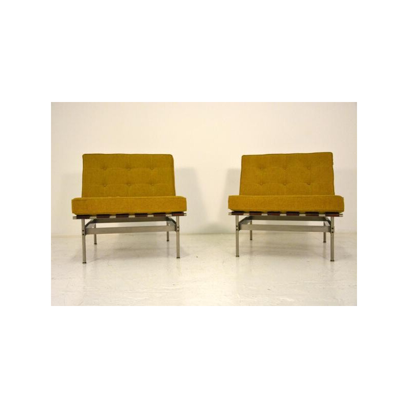 Pair of armchairs in yellow fabric, wood and metal, Kho LIANG IE - 1960s