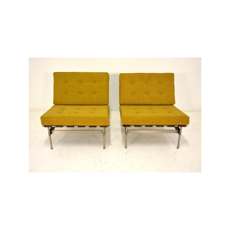 Pair of armchairs in yellow fabric, wood and metal, Kho LIANG IE - 1960s