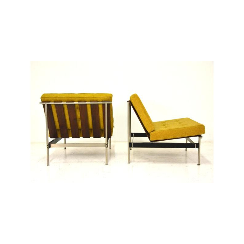 Pair of armchairs in yellow fabric, wood and metal, Kho LIANG IE - 1960s