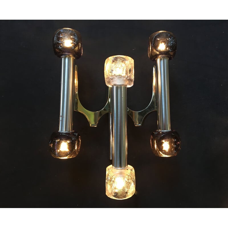 Set of 3 vintage wall lamps in chrome, brass and glass
