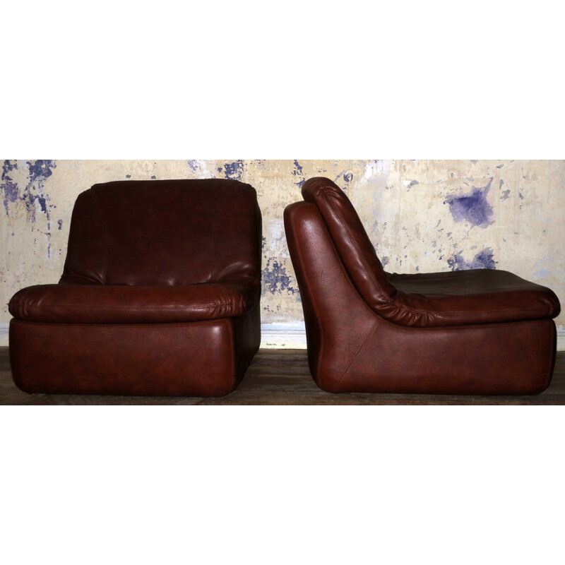 Suite de 2 fauteuils vintage allemands en cuir marron