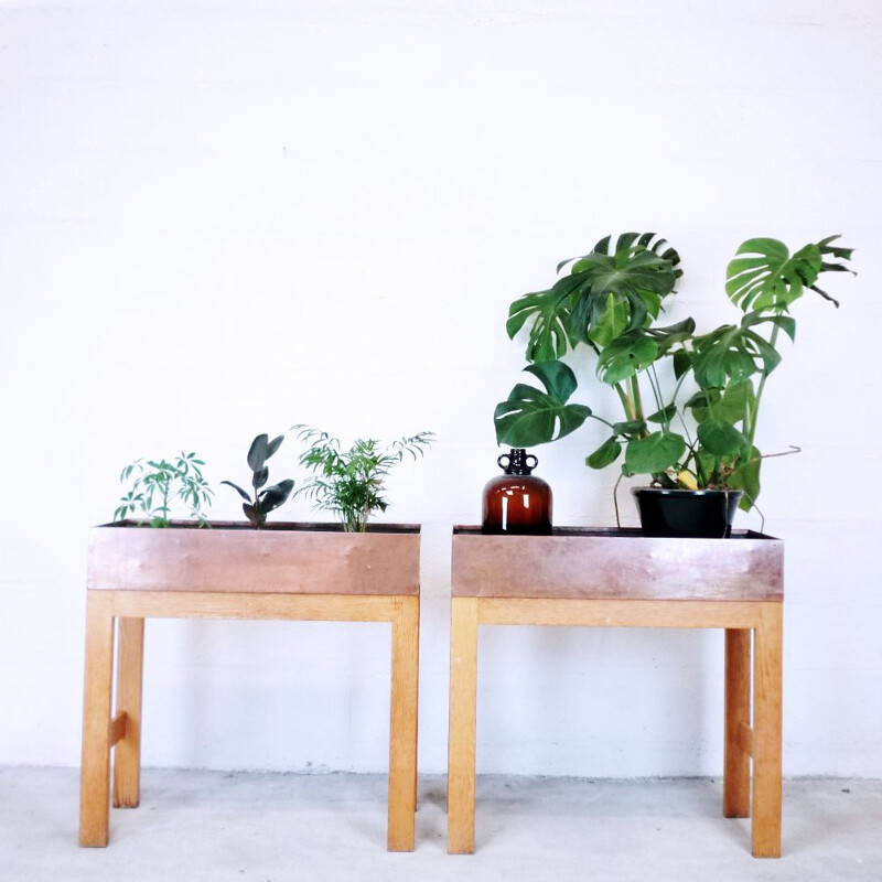 Set of 2 vintage Scandinavian planters in wood and zinc