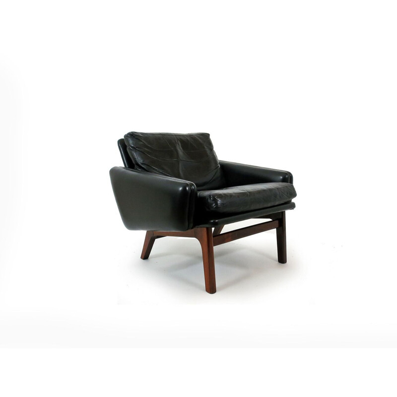 Vintage Danish armchair in leather and rosewood by Leif Hansen
