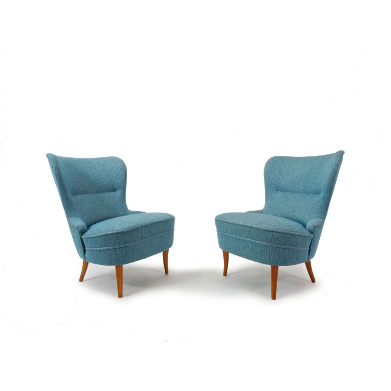 Set of 2 vintage Swedish blue armchairs in wool and oak