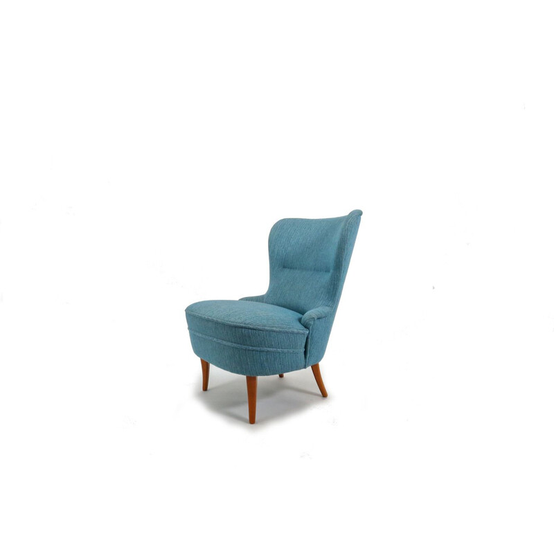 Suite de 2 fauteuils vintage bleus suédoises en laine et chêne