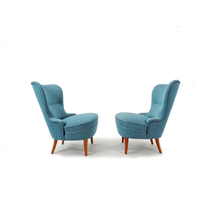 Set of 2 vintage Swedish blue armchairs in wool and oak