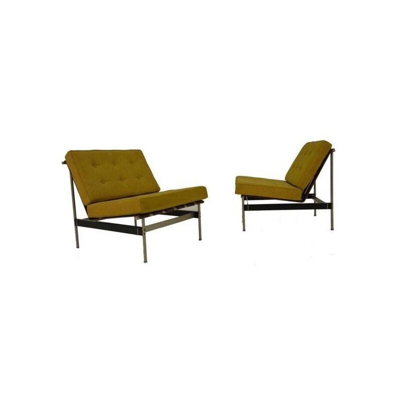 Pair of armchairs in yellow fabric, wood and metal, Kho LIANG IE - 1960s