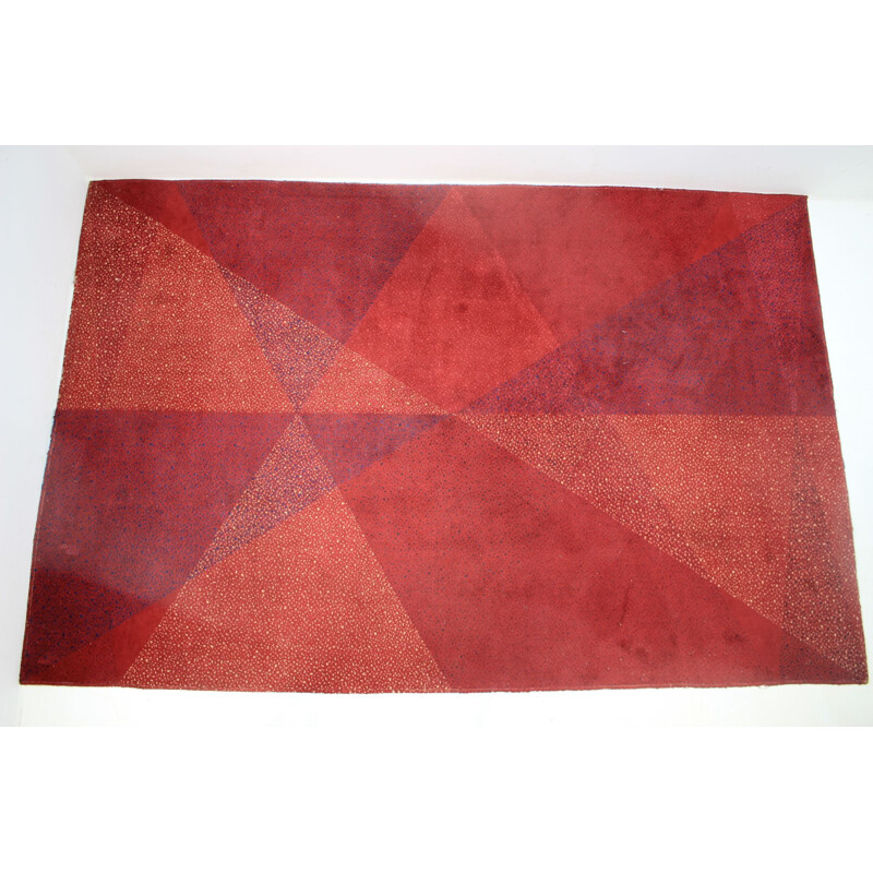 Vintage red geometric wool rug, 1970