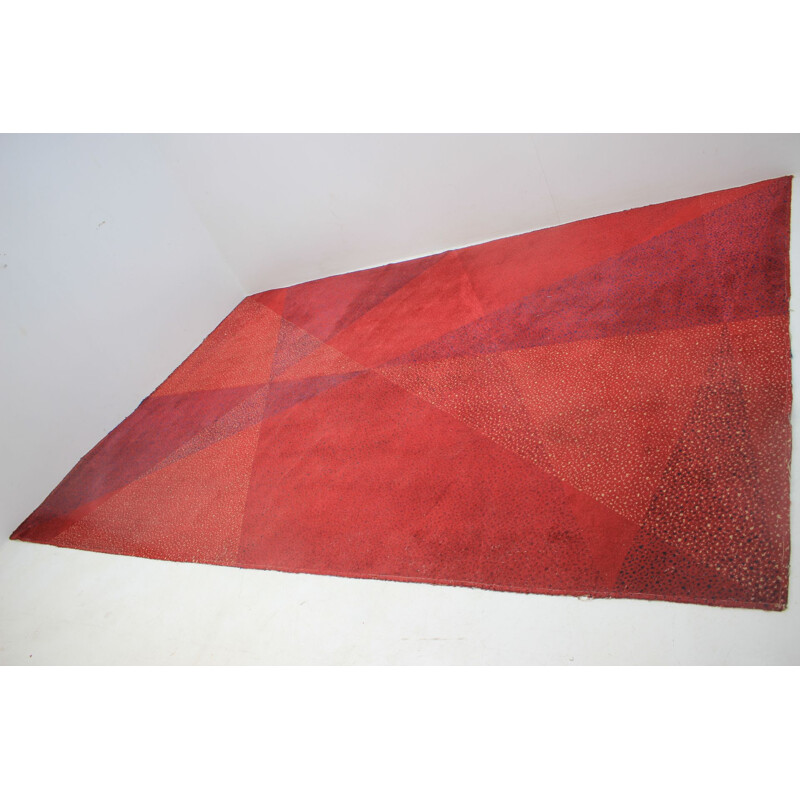 Vintage red geometric wool rug, 1970