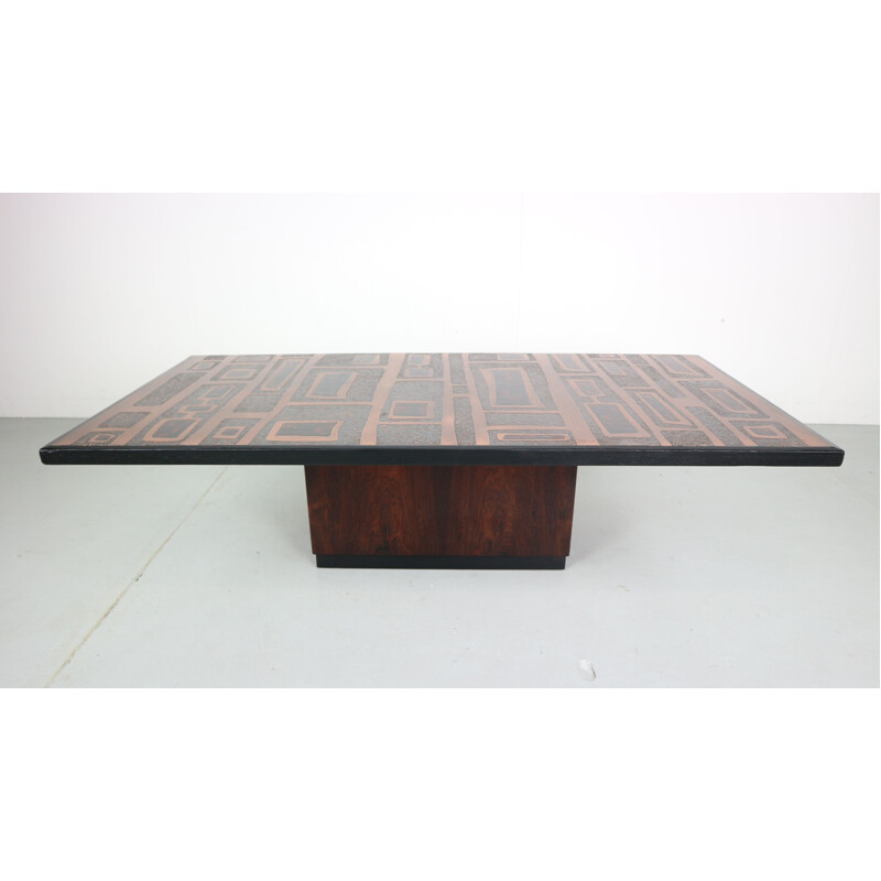 Table basse vintage en palissandre et cuivre