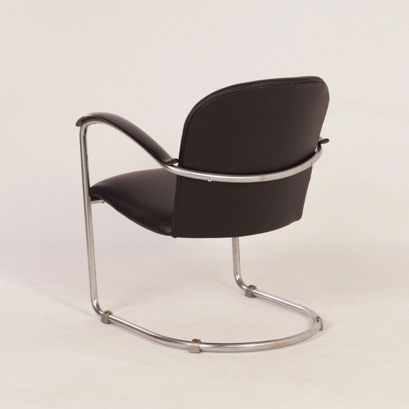 Vintage fauteuil in multiplex, chromen buis, bakeliet, leer en schuim van W.H. Gispen voor Gispen