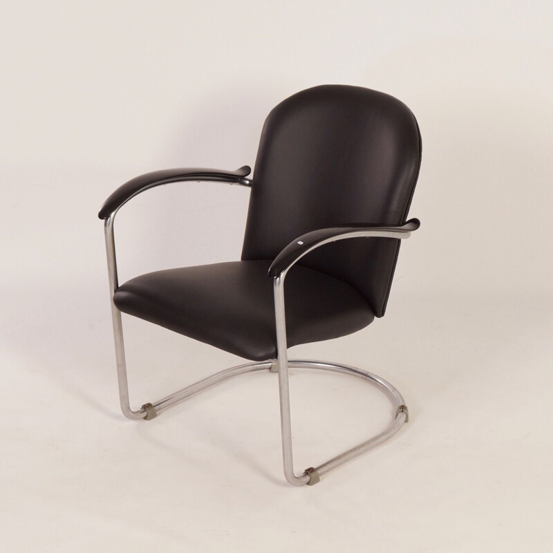 Vintage fauteuil in multiplex, chromen buis, bakeliet, leer en schuim van W.H. Gispen voor Gispen