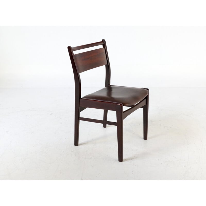 Ensemble de 4 chaises à repas en palissandre et simili cuir marron - 1960