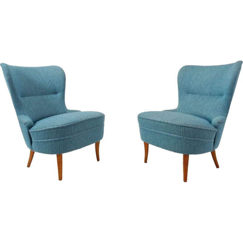 Set of 2 vintage Swedish blue armchairs in wool and oak