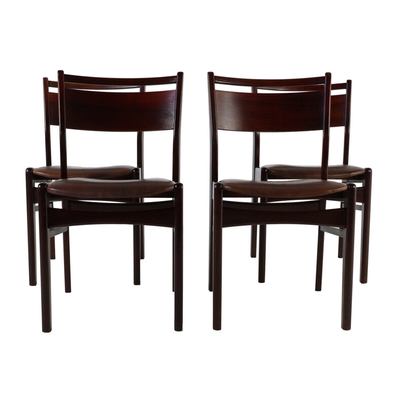 Ensemble de 4 chaises à repas en palissandre et simili cuir marron - 1960