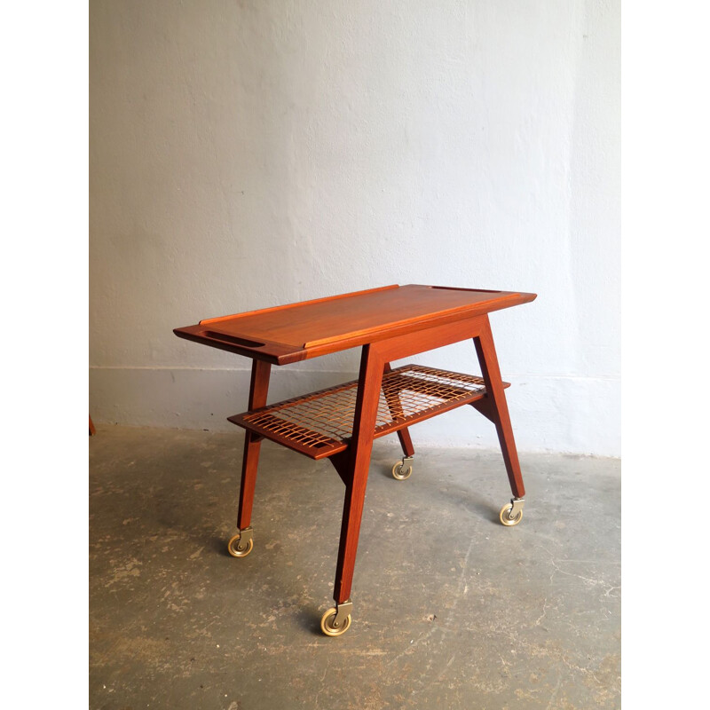 Vintage teak trolley with tray and rattan shelf 1950