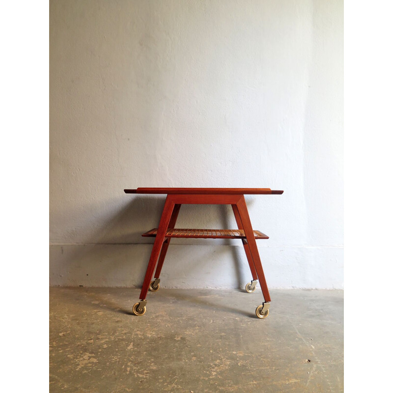 Vintage teak trolley with tray and rattan shelf 1950