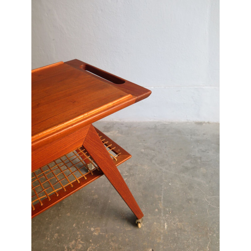 Vintage teak trolley with tray and rattan shelf 1950