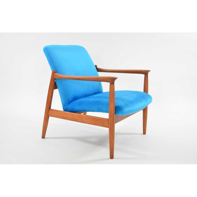 Vintage blue neon GMF armchair in velvet and wood 1960