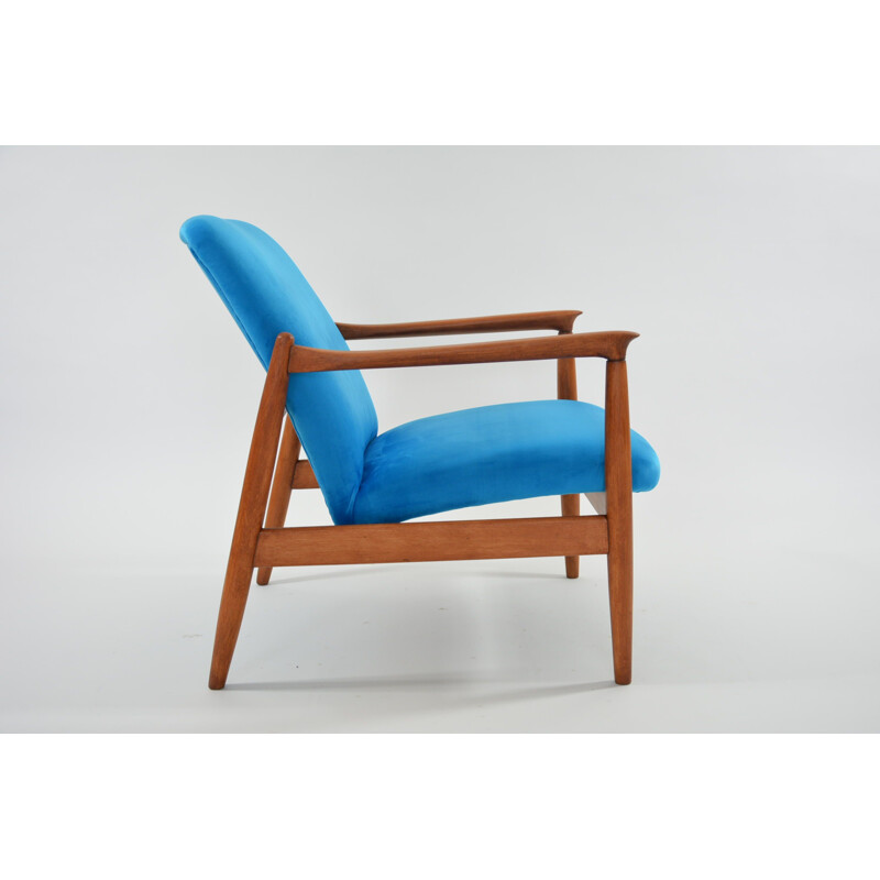 Vintage blue neon GMF armchair in velvet and wood 1960