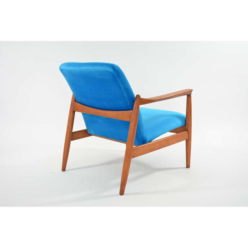 Vintage blue neon GMF armchair in velvet and wood 1960