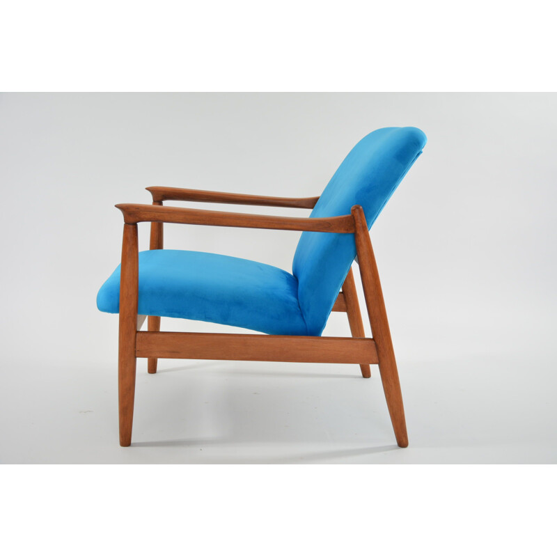 Vintage blue neon GMF armchair in velvet and wood 1960