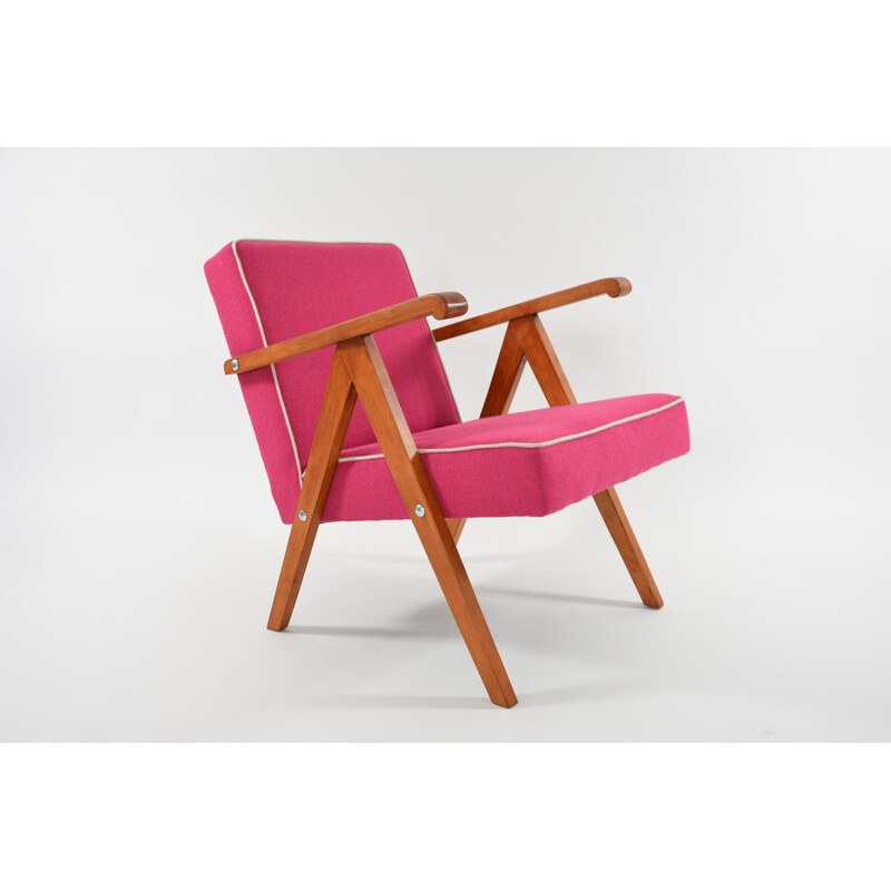 Vintage armchair in pink and white fabric and wood 1950