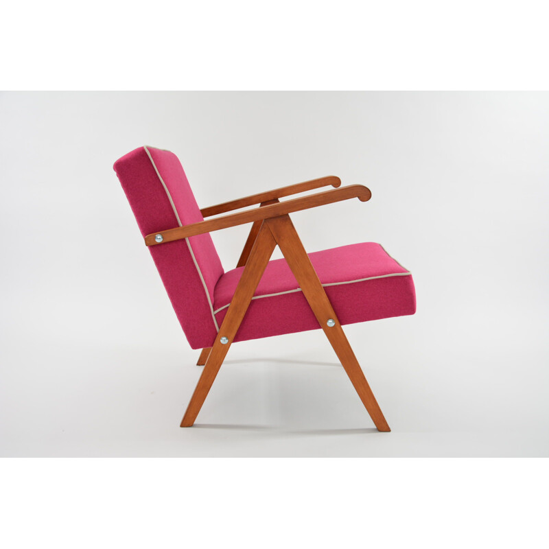 Vintage armchair in pink and white fabric and wood 1950