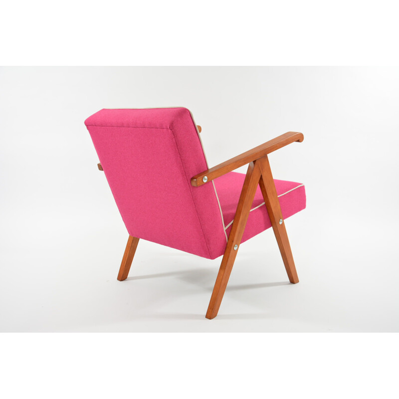 Vintage armchair in pink and white fabric and wood 1950
