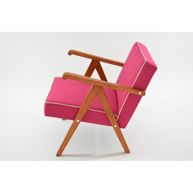 Vintage armchair in pink and white fabric and wood 1950
