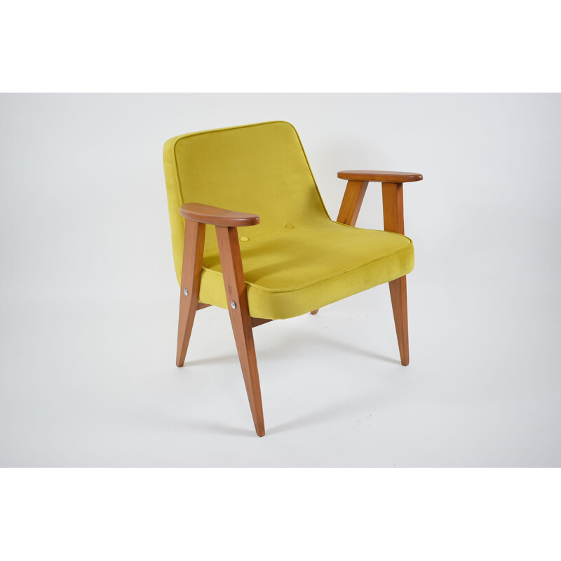 Vintage 366 J.Chierowski yellow velvet and wood armchair