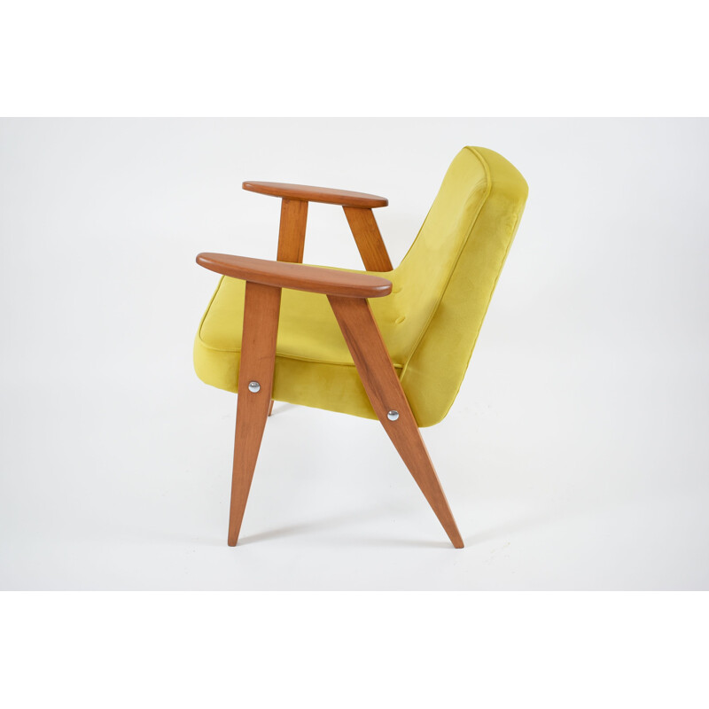 Vintage 366 J.Chierowski yellow velvet and wood armchair