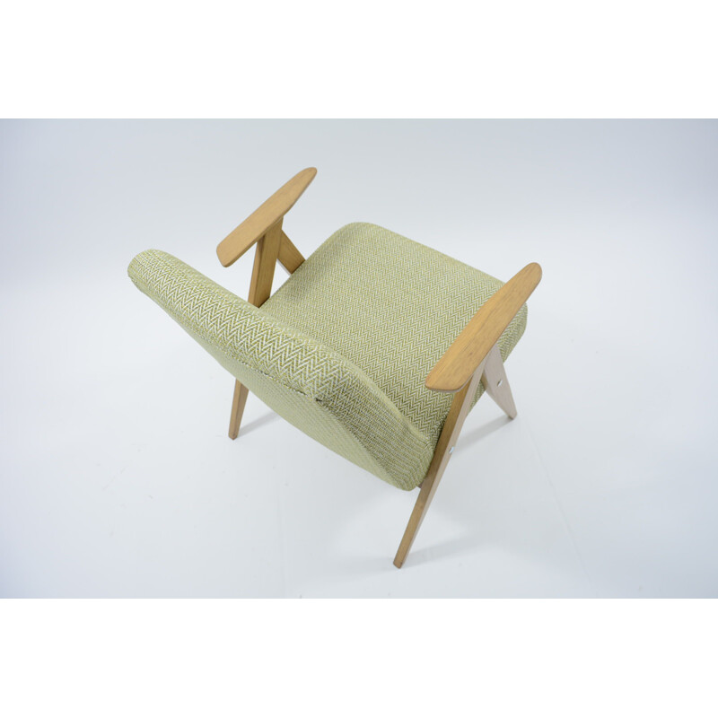 Vintage armchair in green and yellow chevron fabric and teak 1950