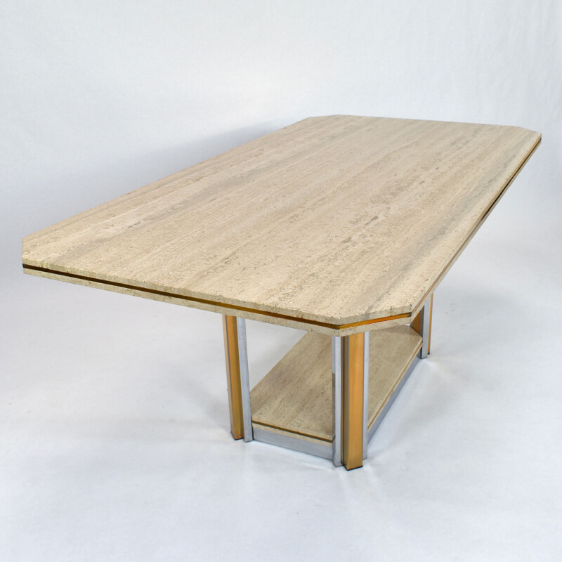 Vintage belgian table in travertine and brass 1970
