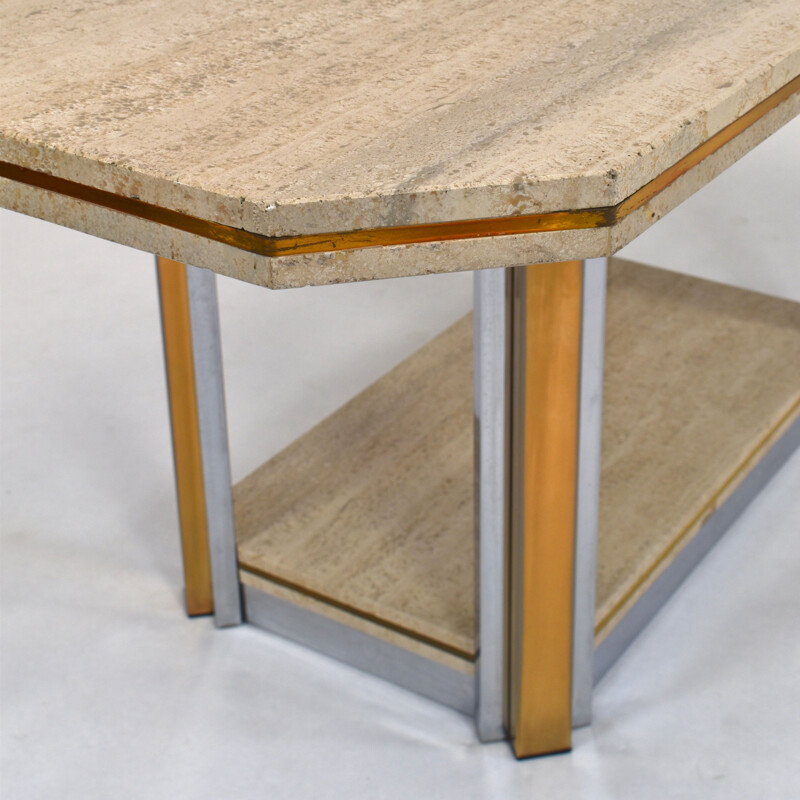 Vintage belgian table in travertine and brass 1970