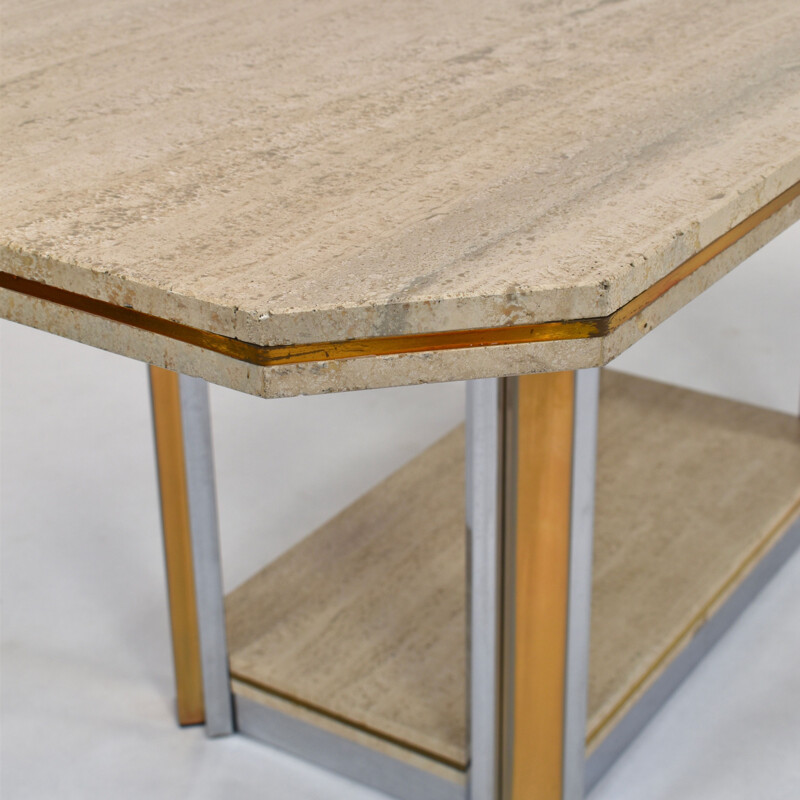 Vintage belgian table in travertine and brass 1970